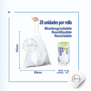 Bolsa De Basura Transparente Aileda 50x55 cms con Cordón y Cierre Fácil. Oficina Pack de 20 unidades