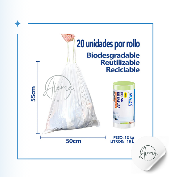 Bolsa De Basura Transparente Aileda 50x55 cms con Cordón y Cierre Fácil. Oficina Pack de 20 unidades