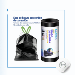 Bolsa De Basura negra Aileda 70x90 cms con Cordón y Cierre Fácil. Mediana, Pack de 10 unidades