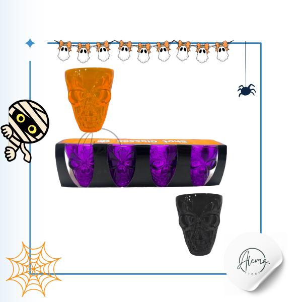 Set 4 Vasos shots Calaveras 55ml - Colores Variados de Halloween