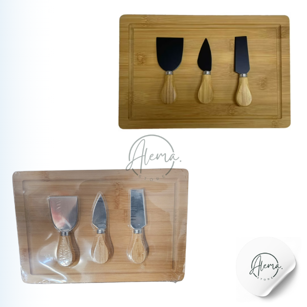 Tabla Bambú 30x 24 Cm. Con Accesorios para cortar Quesos - Acero Inoxidable Natural